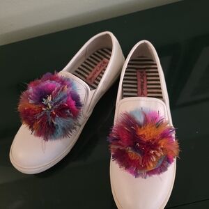 Betsey Johnson White Sneakers with Colorful Pom Poms